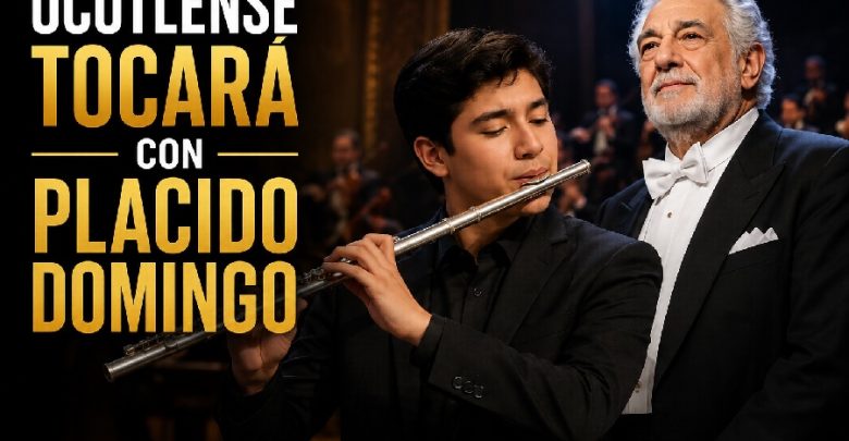Llega ocotlense a escenario con Placido Domingo. Foto: Generada con IA.