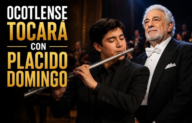 Llega ocotlense a escenario con Placido Domingo. Foto: Generada con IA.