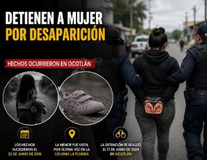 Detienen a implicada en desaparición de una niña en Ocotlán. Foto: Generada con IA con información del comunicado de la FE.